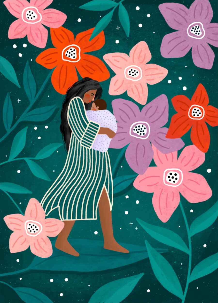 Mors Dag plakat, der viser forholdet mellem mor og baby. På plakaten er vi i en blomsterverden, hvor mor og baby ses i midten.