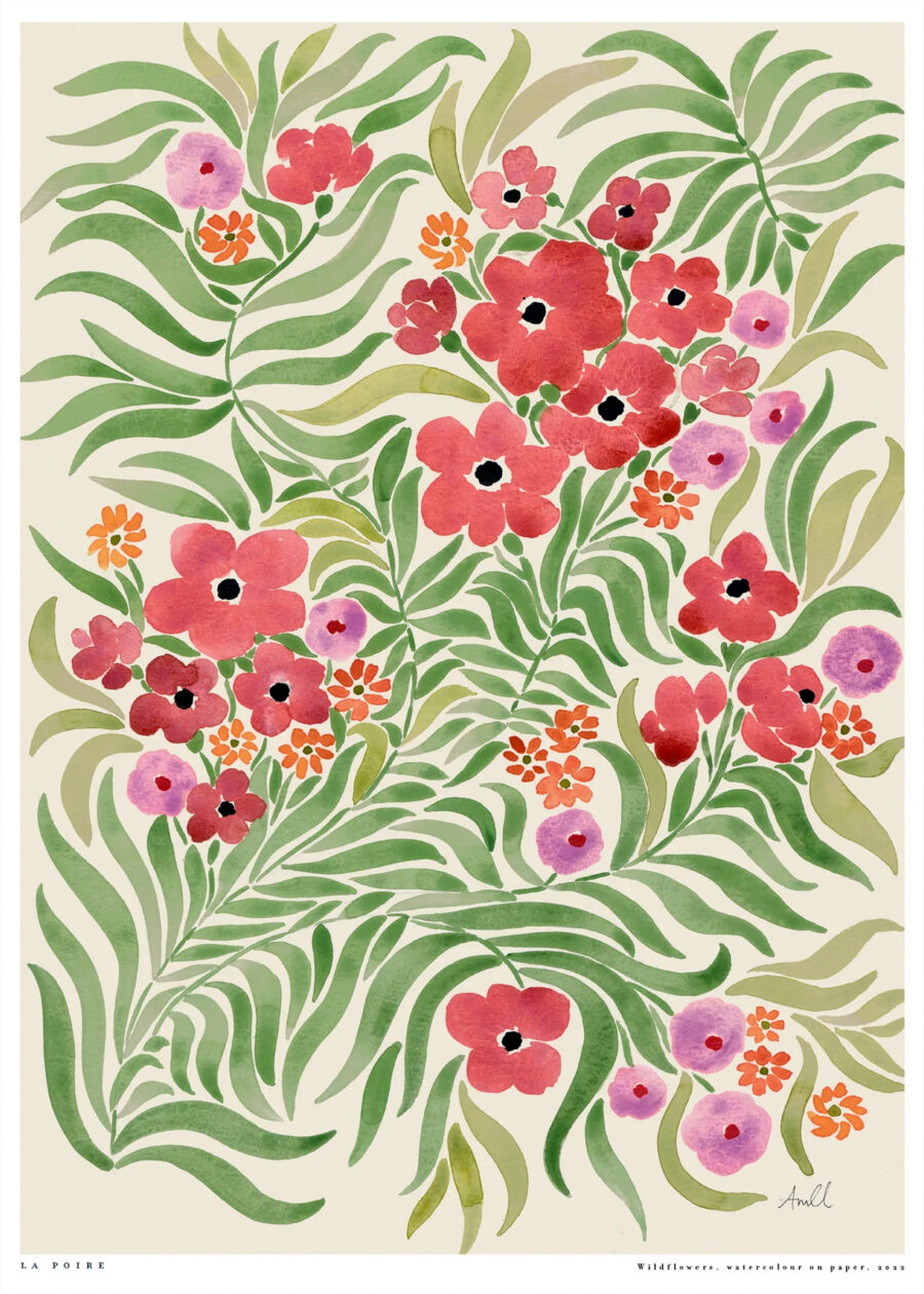 La Poire plakat med titlen Wild Flowers. På plakaten ses vilde blomster i et mønster af blade. Blomsterne er røde, orange og lyserøde