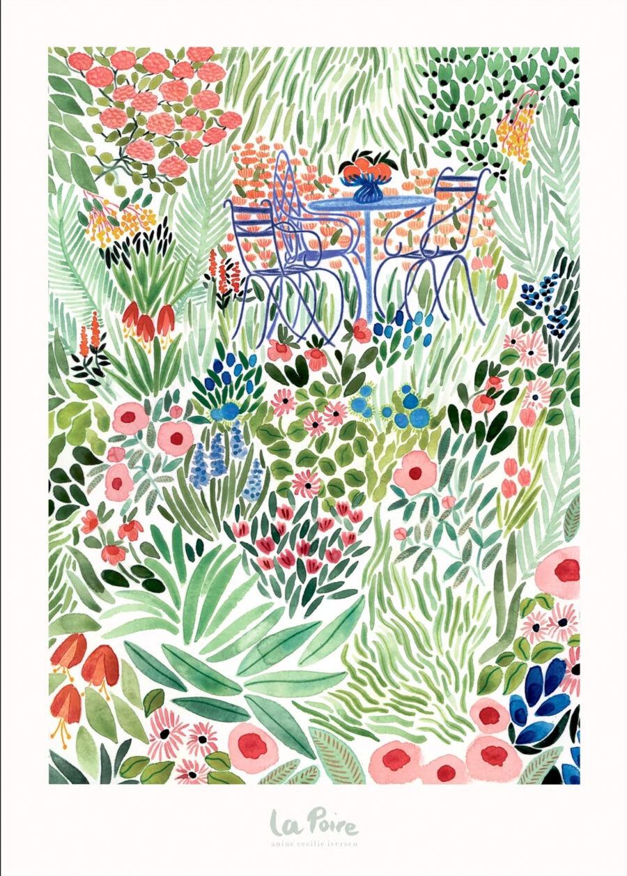 La Poire Plakat med titlen Garden. Plakaten er en kunstnerisk fortolkning af en frodig have fuld af blomster