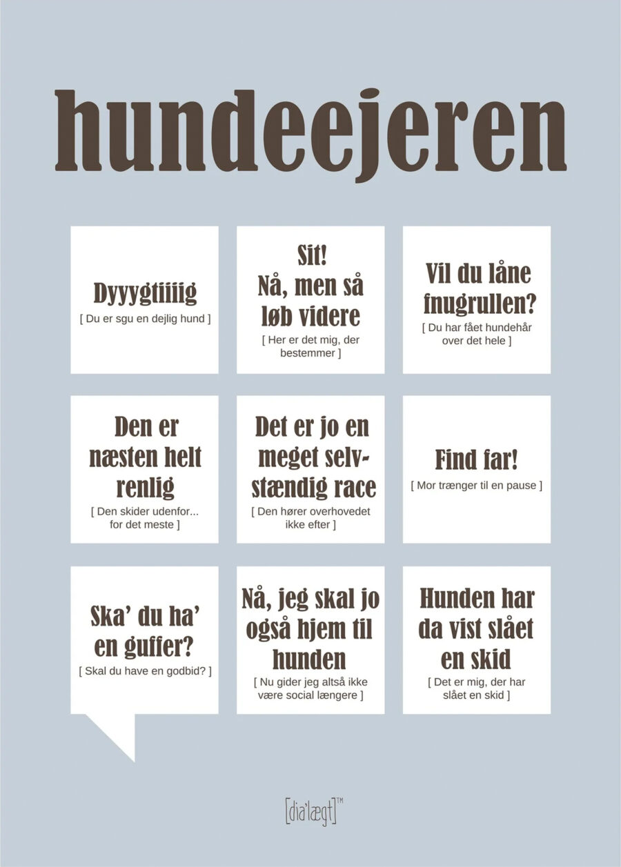 Dialægt plakat Hundeejeren, der indeholder citater og vendinger, som de fleste hundeejere vil kunne genkende.