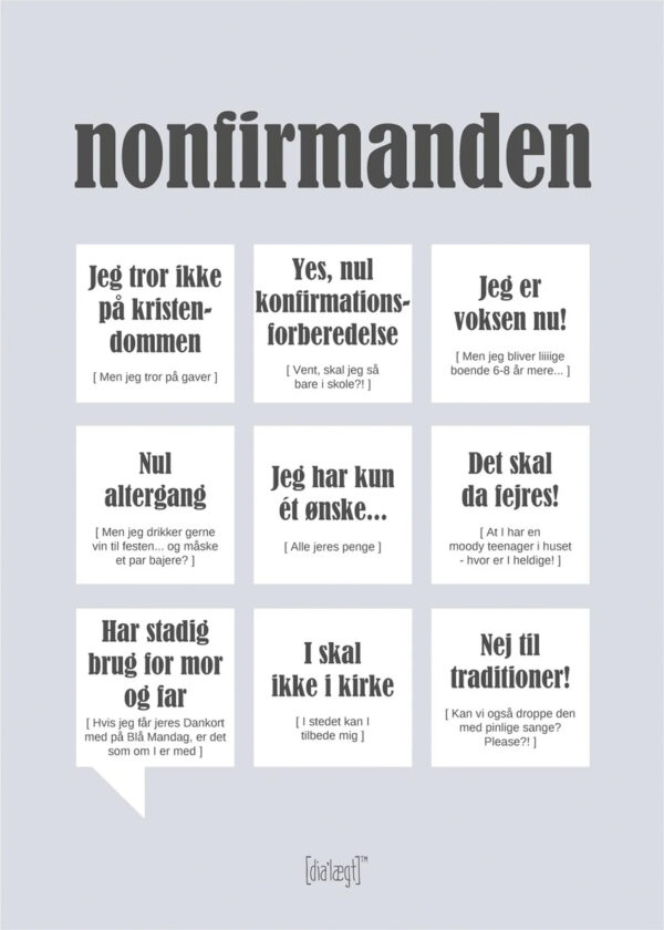 Dialægt plakat Nonfirmanden med citater og vendinger, der passer på en nonfirmand