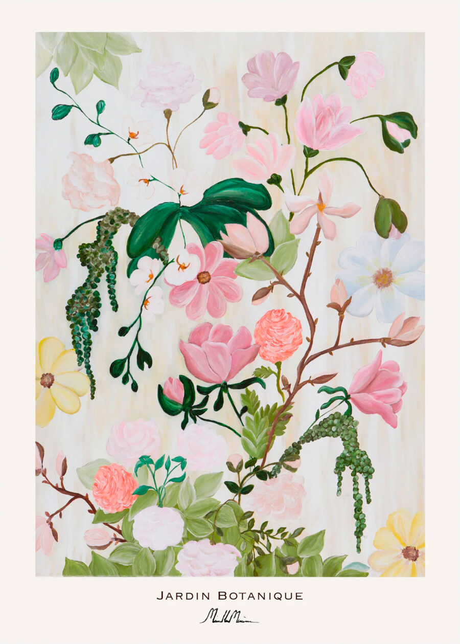 Morais Artworks plakat kaldet Jardin Botanique. Plakaten er et smukt sammensurium af blomster i forskellige lyserøde og hvide nuancer.