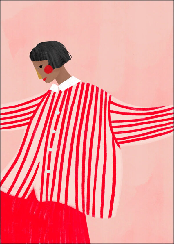 Denne Bea Muller plakat er et smukt og farveligt fortolkning af den moderne kvinde. En kvinde klædt i rødt og striber danser mod de ene side af billedet. Hun står smukt frem på den lyserøde baggrund.
