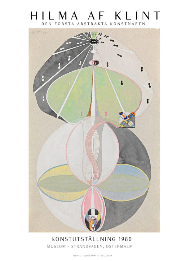 Smuk og enkel Hilma af Klint plakat med organiske former i sarte grønne, lyserøde, hvide, grå og beige toner.