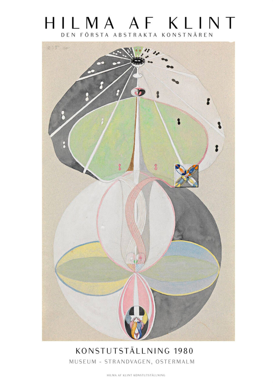 Smuk og enkel Hilma af Klint plakat med organiske former i sarte grønne, lyserøde, hvide, grå og beige toner.