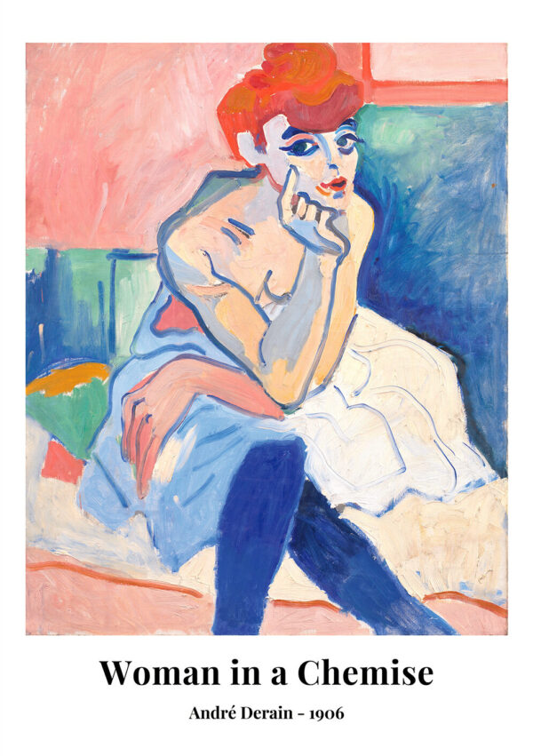 André Derain plakat med hans berømte værk "Woman in a Chemise" i stærke lyserøde, orange og blå toner.