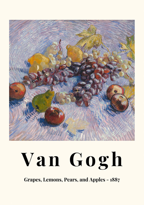 Van Gogh plakat med motivet "Grapes, Lemons, Pears, and Apples" på en lilla baggrund