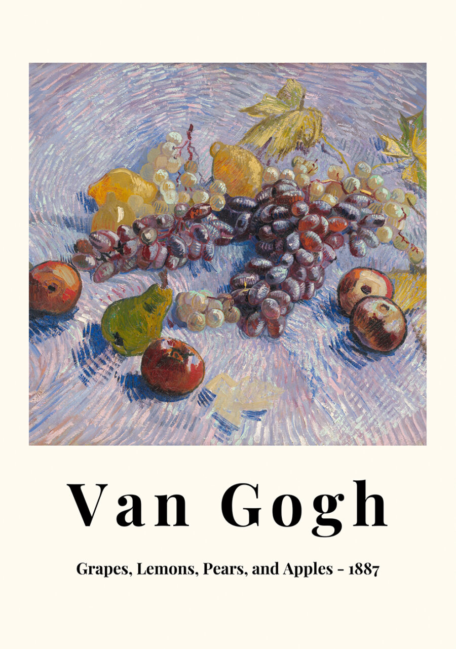 Van Gogh plakat med motivet "Grapes, Lemons, Pears, and Apples" på en lilla baggrund