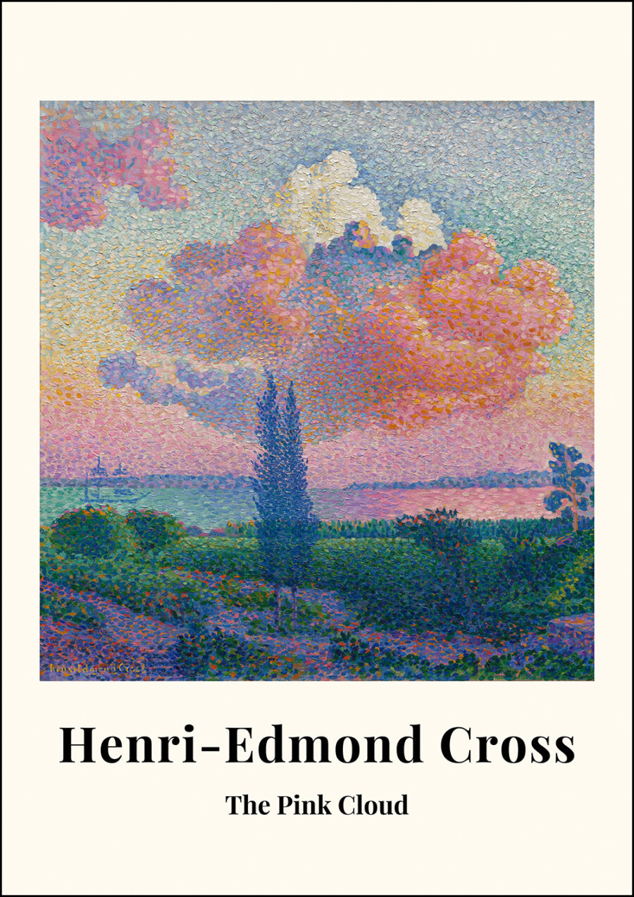 Henri Edmond Cross plakat med hans værk The Pink Sky, der forestiller en smuk lyserød, orange solnegang over marker og et hav.