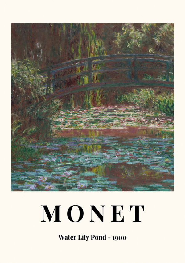 Claude Monet plakat med hans berømte motiv Water Lily Pond fra 1900. Maleriet er i grønlige toner og forestiller kunstnerens smukke japanske bro over hans dam med åkaner.