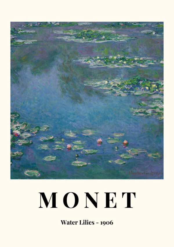 Claude Monet plakat med hans berømte værk Water Lilies i blå toner fra 1906