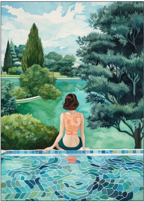 Plakat af en kvinde ved en pool, der kigger ud over et smukt landskab med hav og skov. Plakaten hedder Pool Party og er skabt af Atelier Imagaine