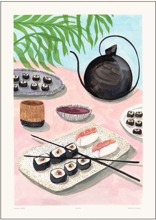Plakat af en lækker sushi scene skabt af Laura Page