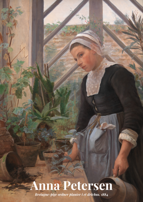 Plakat af Anna Petersens maleri Bretagne-pige ordner planter i et drivhus