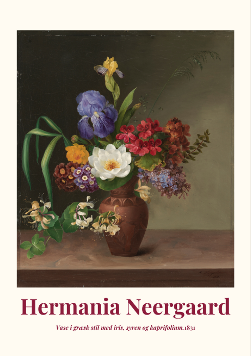 Plakat af Hermania Neergaards Vase i græsk stil med iris, syren og kaprifolium