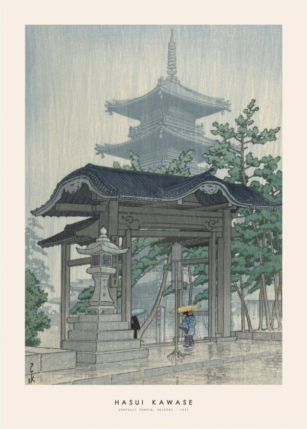 Hasui Kawase plakat med titlen Zentsuji Temple Shikoku. På plakaten ses et japansk tempel i regn. Et par besøgende er på vej gennem porten til templet. Farverne er holdt i sarte nuancer af grå, brun, grøn og grå.