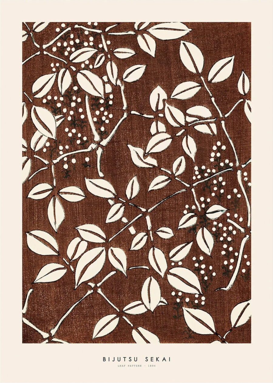 Bijutsu Sekai plakat med titlen Leaf Pattern. Plakaten viser et mønster af blade og bær i hvidt mod en brun baggrund.
