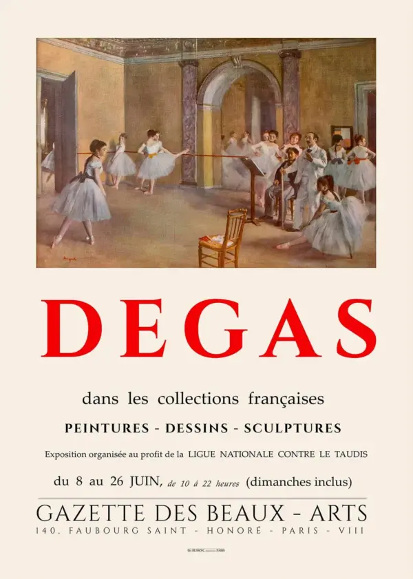 Edgar Degas plakat med et af hans berømte malerier med ballerinaer. Plakaten er oprindeligt fra udstillingen Dans les collections fransçaises, og på plakaten ser vi også navnet Degas trykt i rød skrift.