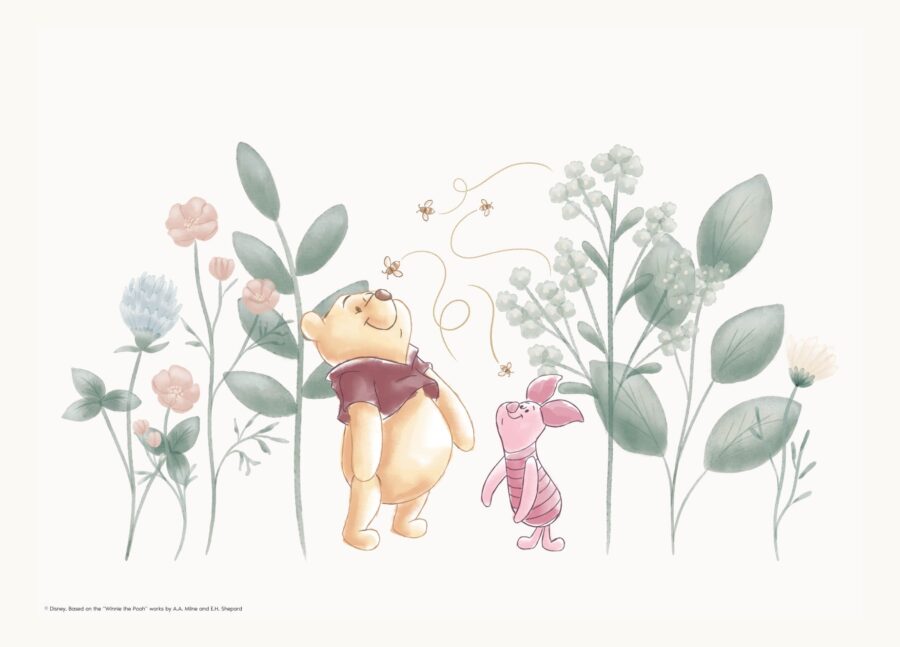 Smuk Peter Plys plakat med Peter Plys og Grisling og en masse fine planter og blomster.