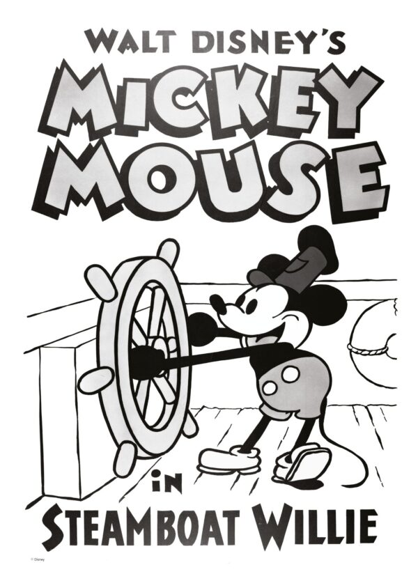 Klassisk Disney plakat med Mickey Mouse fra filmen Steamboat Willie.