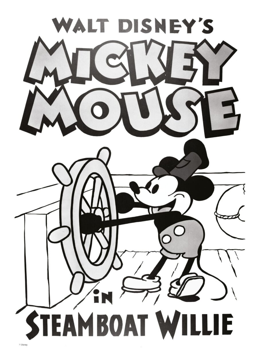 Klassisk Disney plakat med Mickey Mouse fra filmen Steamboat Willie.