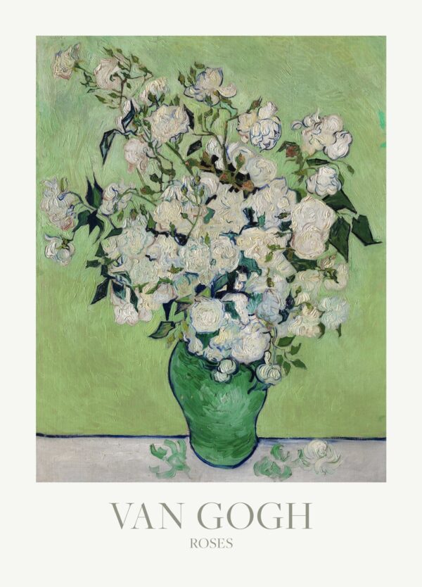 Van Gogh plakat med en buket hvide roser på en grøn baggrund. Plakaten har titlen Roses.