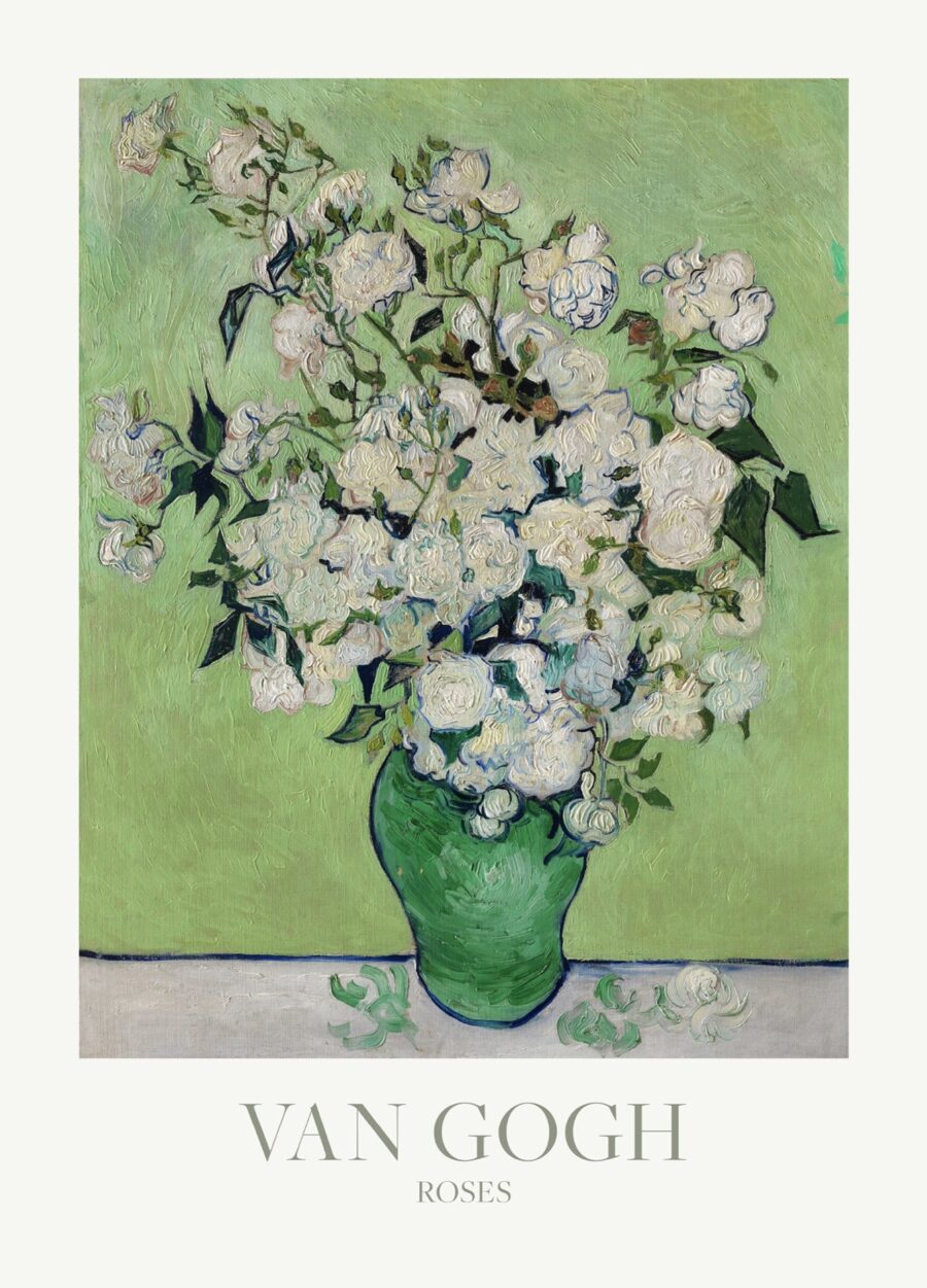 Van Gogh plakat med en buket hvide roser på en grøn baggrund. Plakaten har titlen Roses.