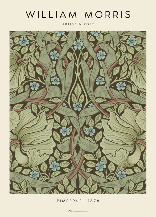 William Morris plakat med grønt blomstermønster. Plakaten har titlen Pimpernel.