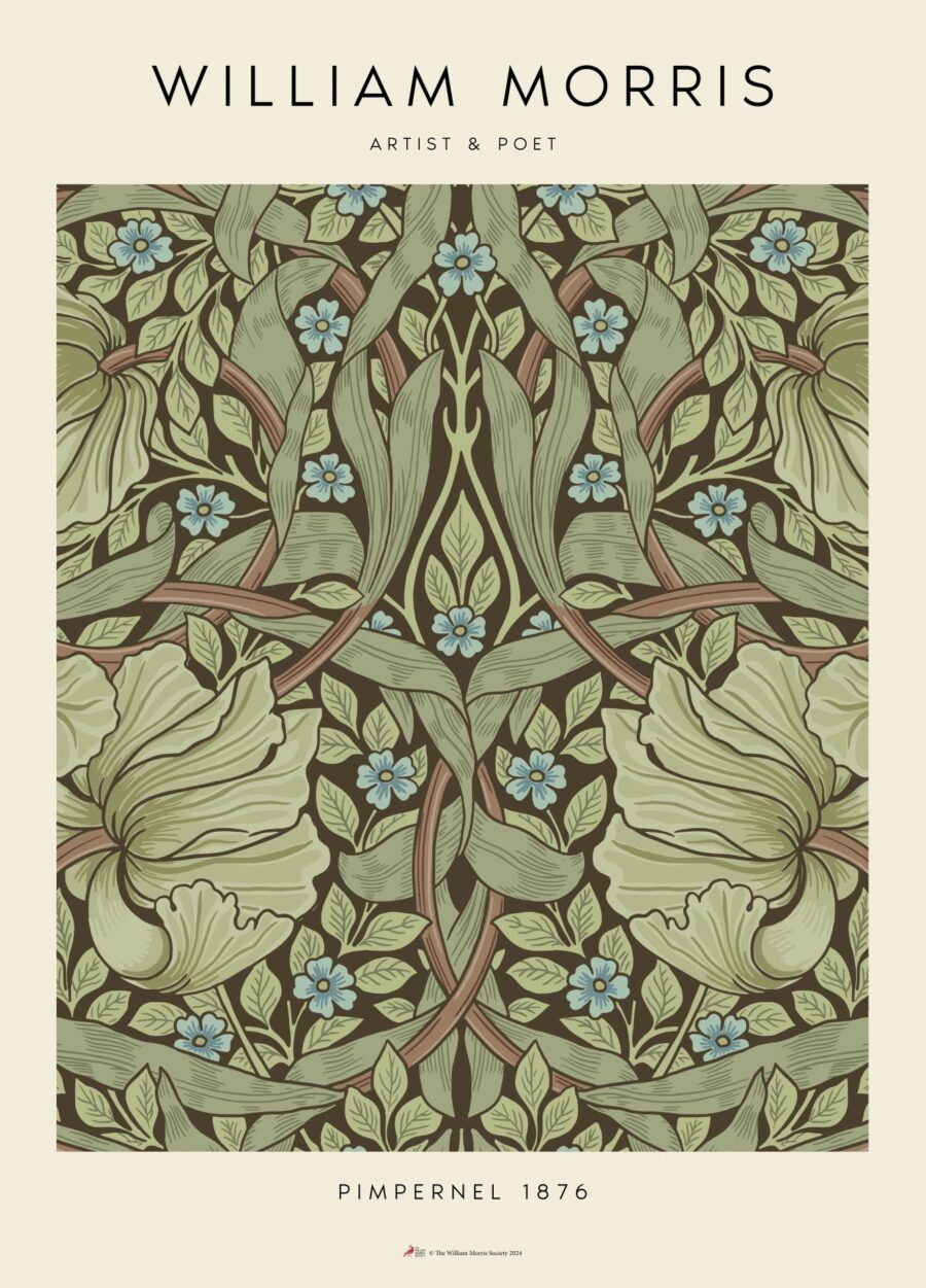 William Morris plakat med grønt blomstermønster. Plakaten har titlen Pimpernel.