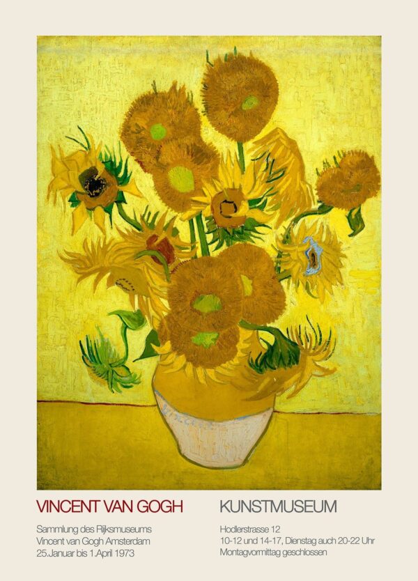 Van Gogh plakat med solsikker på en gul baggrund