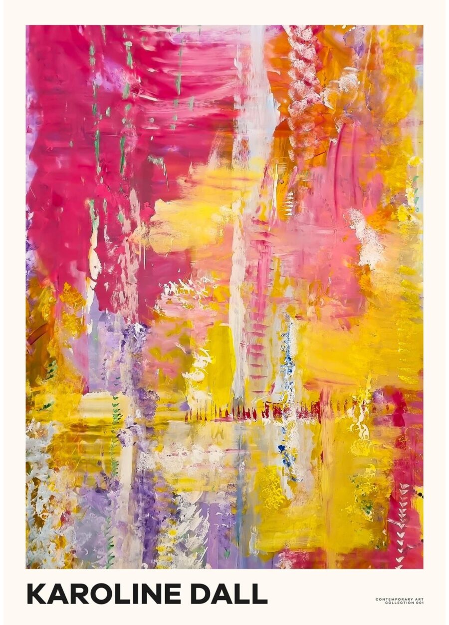 Karoline Dall plakat med titlen Contemporary art collection 01. Plakaten er i pink, gul og lilla.