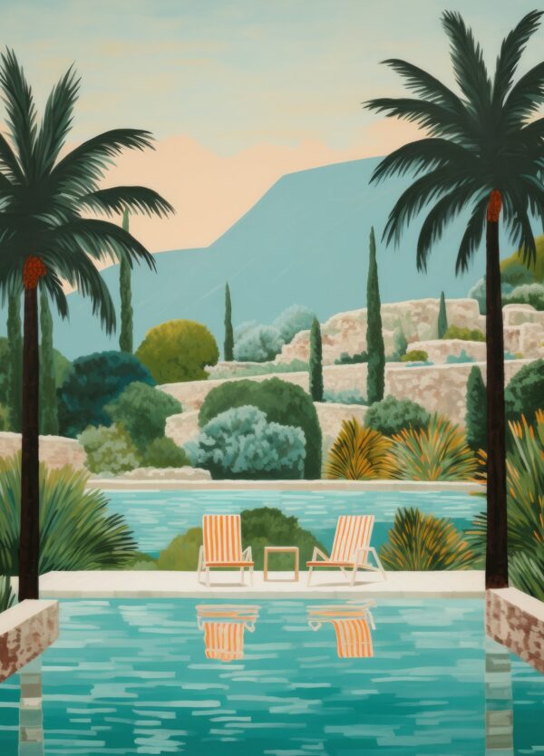 Plakat kaldet Holiday 2, der forestiller en pool med palmer og små udsigt udover havet og en by i horisonten. Skabt af Atelier Imaginare