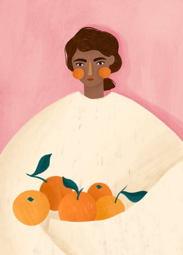 Smuk Bea Muller plakat kaldet The Woman with the Oranges. Som titlen antyder forestiller værket en kvinde siddende med nogle appelsiner. Farveholdningen er enkel med den lyserøde baggrund. Den farvede kvinde iklædt en hvid kjole - og til sidst de orange appelsiner.