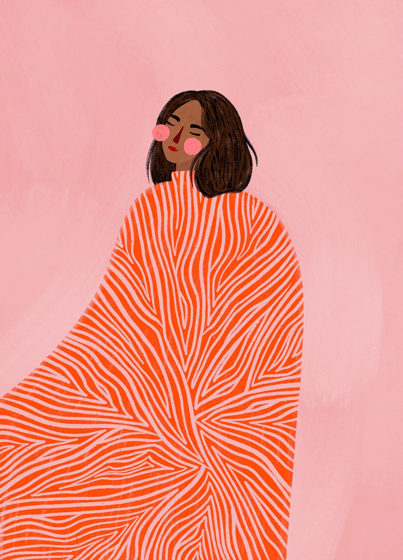 Denne Bea Muller plakat har titlen The Woman with the Swirls. På plakaten ses et smukt og enkelt portræt af en kvinde set fra siden. Kvinden har en brun hudfarve, mørkt hår og en stor orange kjole i mønstret "swirls". Sart, lyserød baggrund.