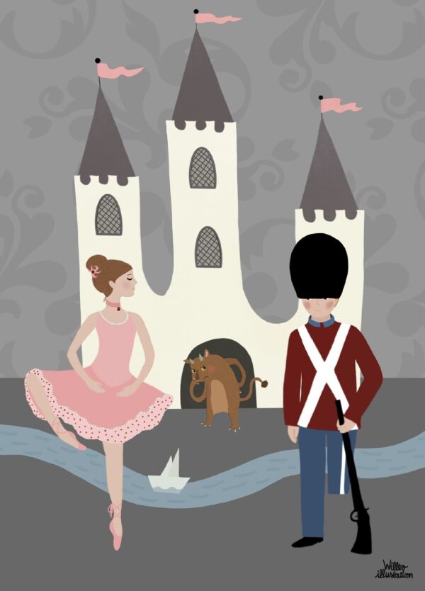 H. C. Andersen plakat med Den Standhaftige Tinsoldat og ballerinaen foran slottet