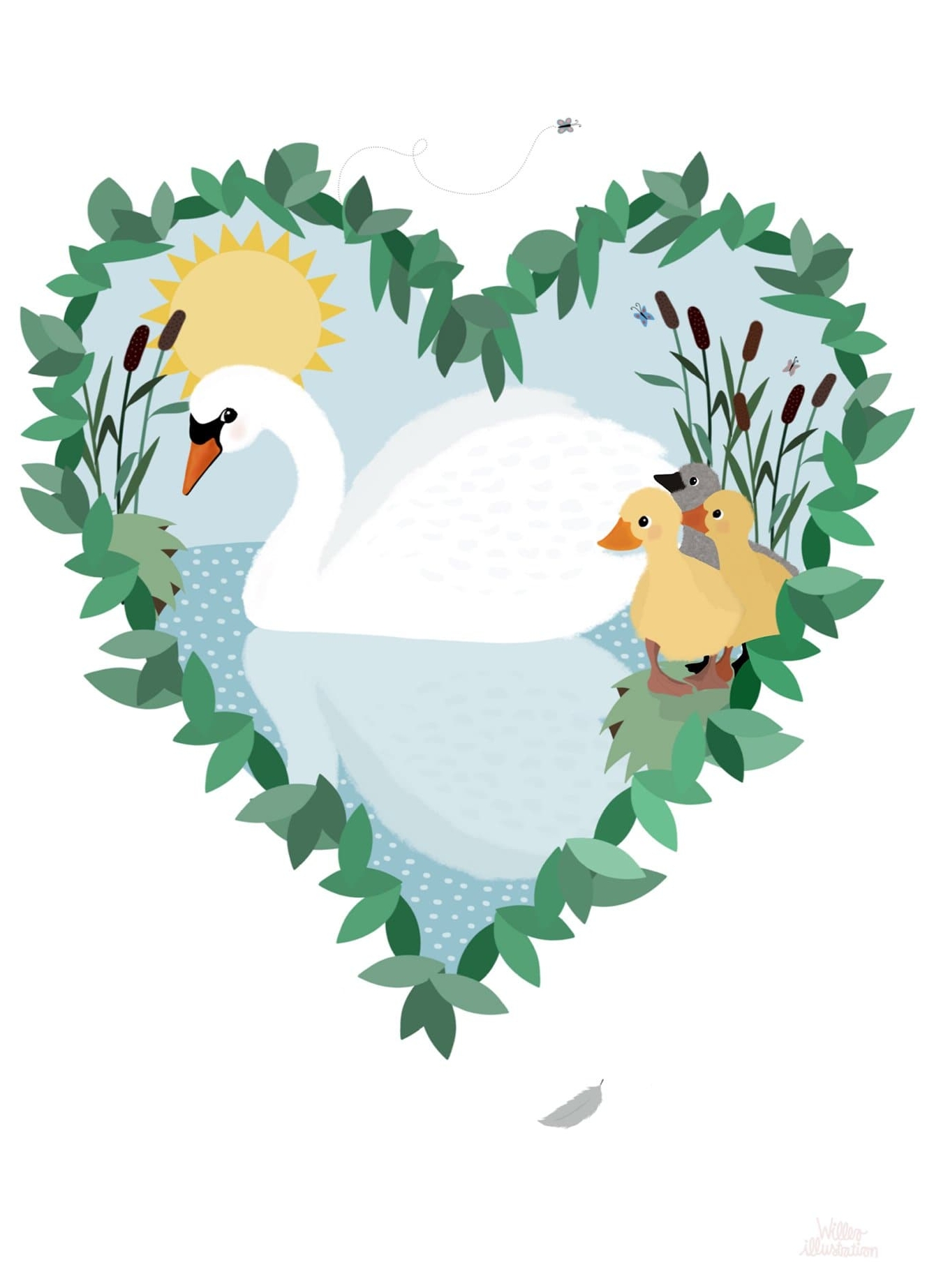 Den Grimme Ælling plakat med en svane og en ælling i et hjerte. Plakaten bygger på H. C. Andersens smukke eventyr Den Grimme Ælling