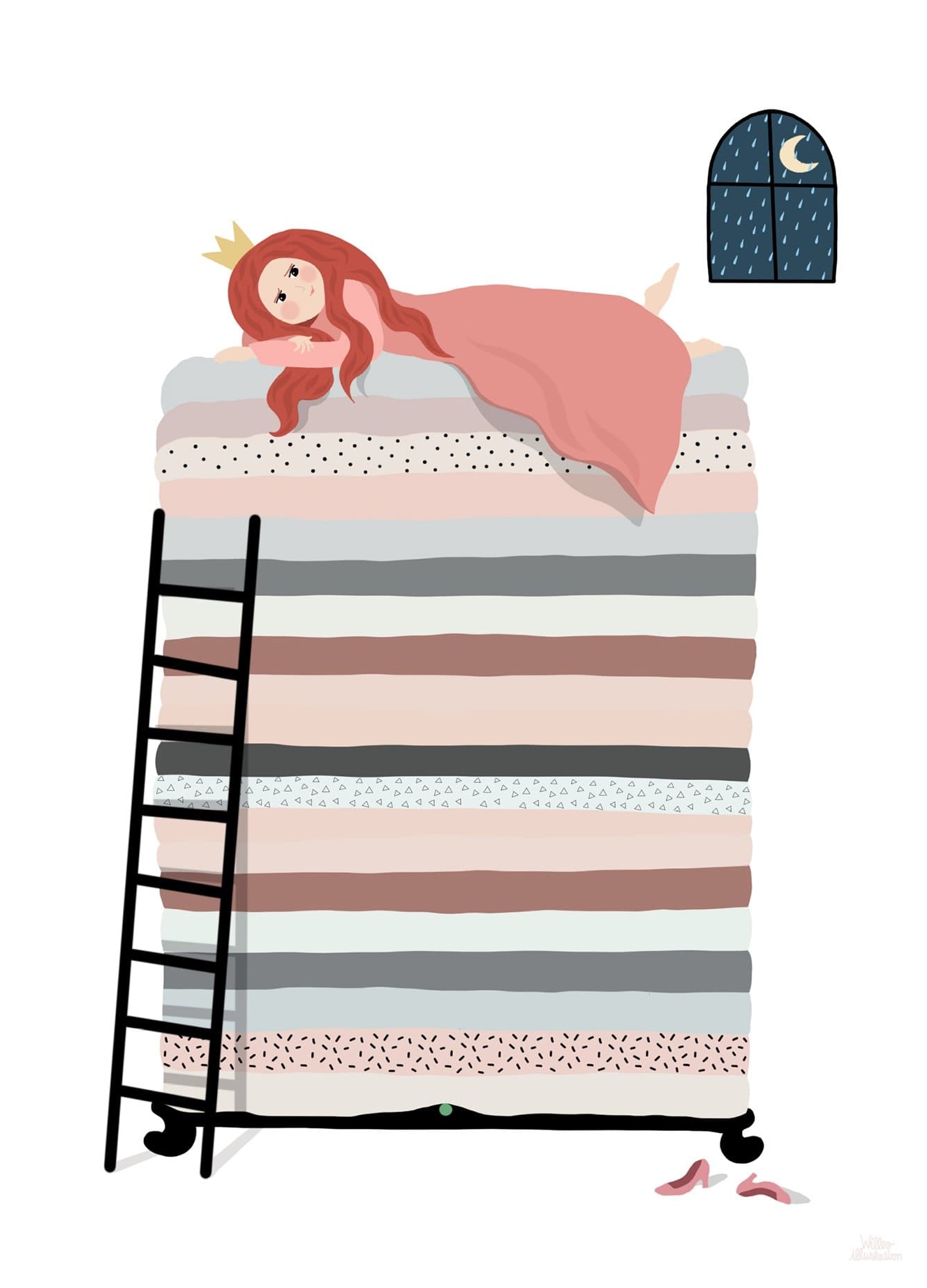 H. C. Andersen plakat med Prinsessen på Ærten, der ligger på en stor stak af dyner og madrasser.