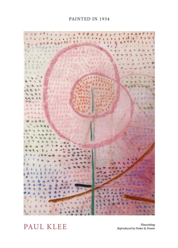 Smuk Paul Klee plakat med værket Flourishing i lyserød, pink, grøn og blå.