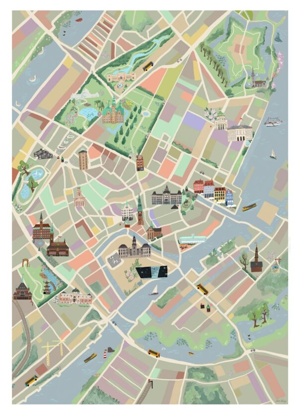 Kort over København i grafisk fortolkning af Emma Forsberg. Enkel og moderne Emma Forsberg Københavner plakat