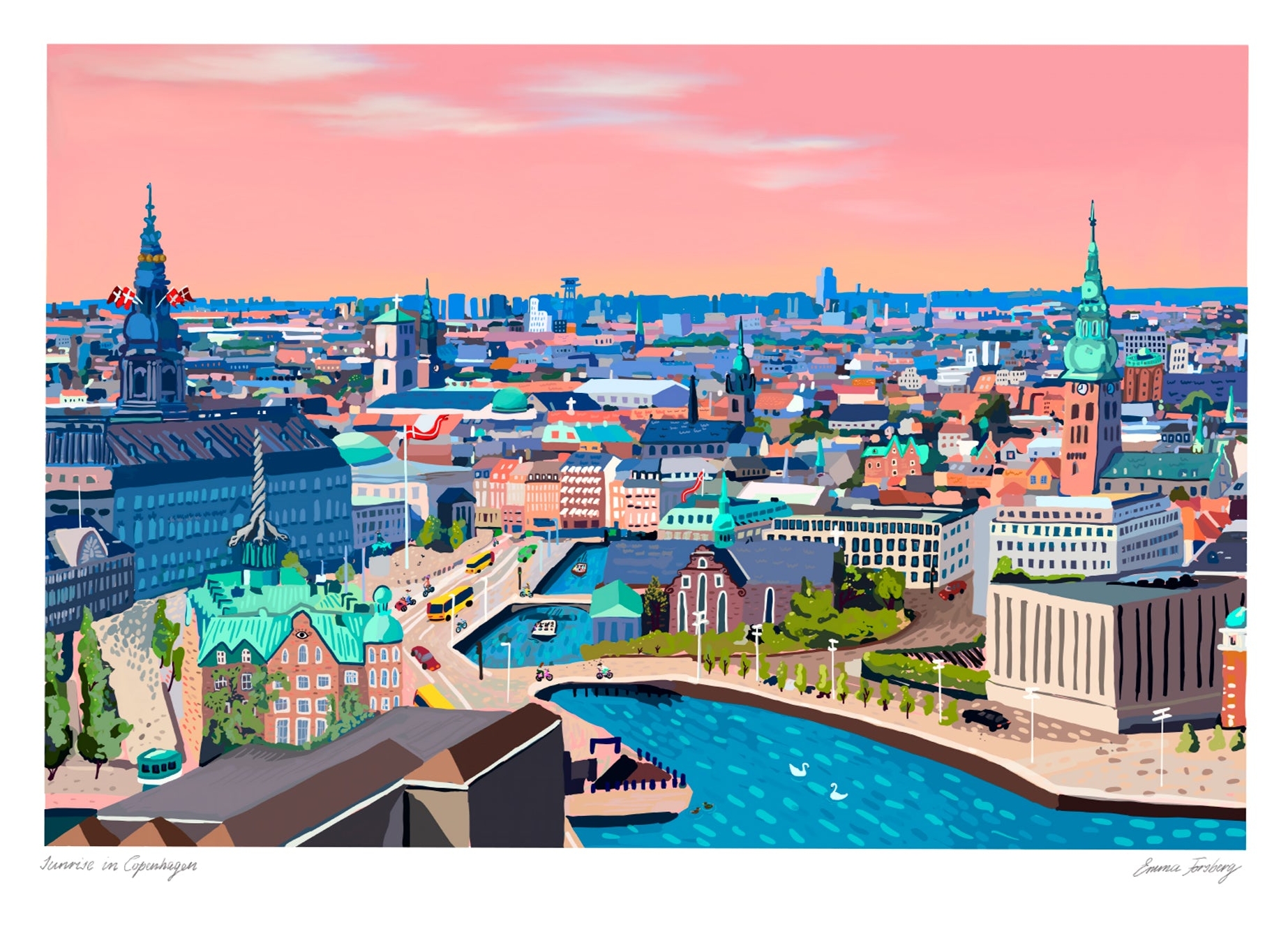 Emma Forsbergs Københavner Plakat viser en smuk lyserød solopgang over København og alle byens smukke tårne.