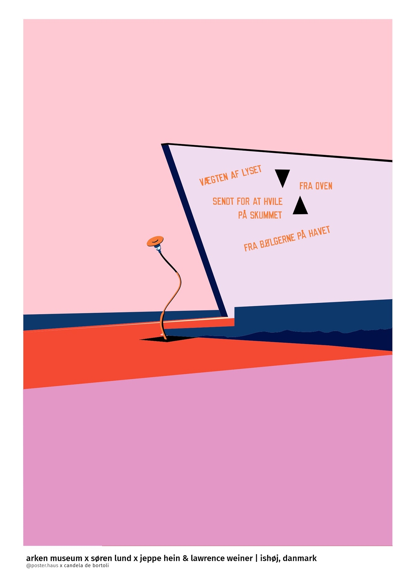 Arken plakat i lyserød, lilla og rød. På plakaten ses kunst museet Arken.