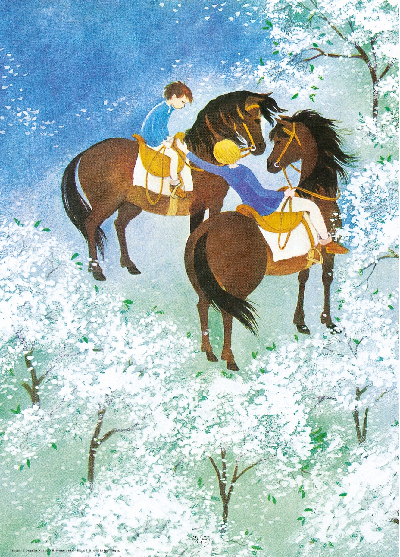 Astrid Lindgren plakat af Brødrene Løvehjerte på hesteryg. Illustrationen er skabt af Ilon Wikland.