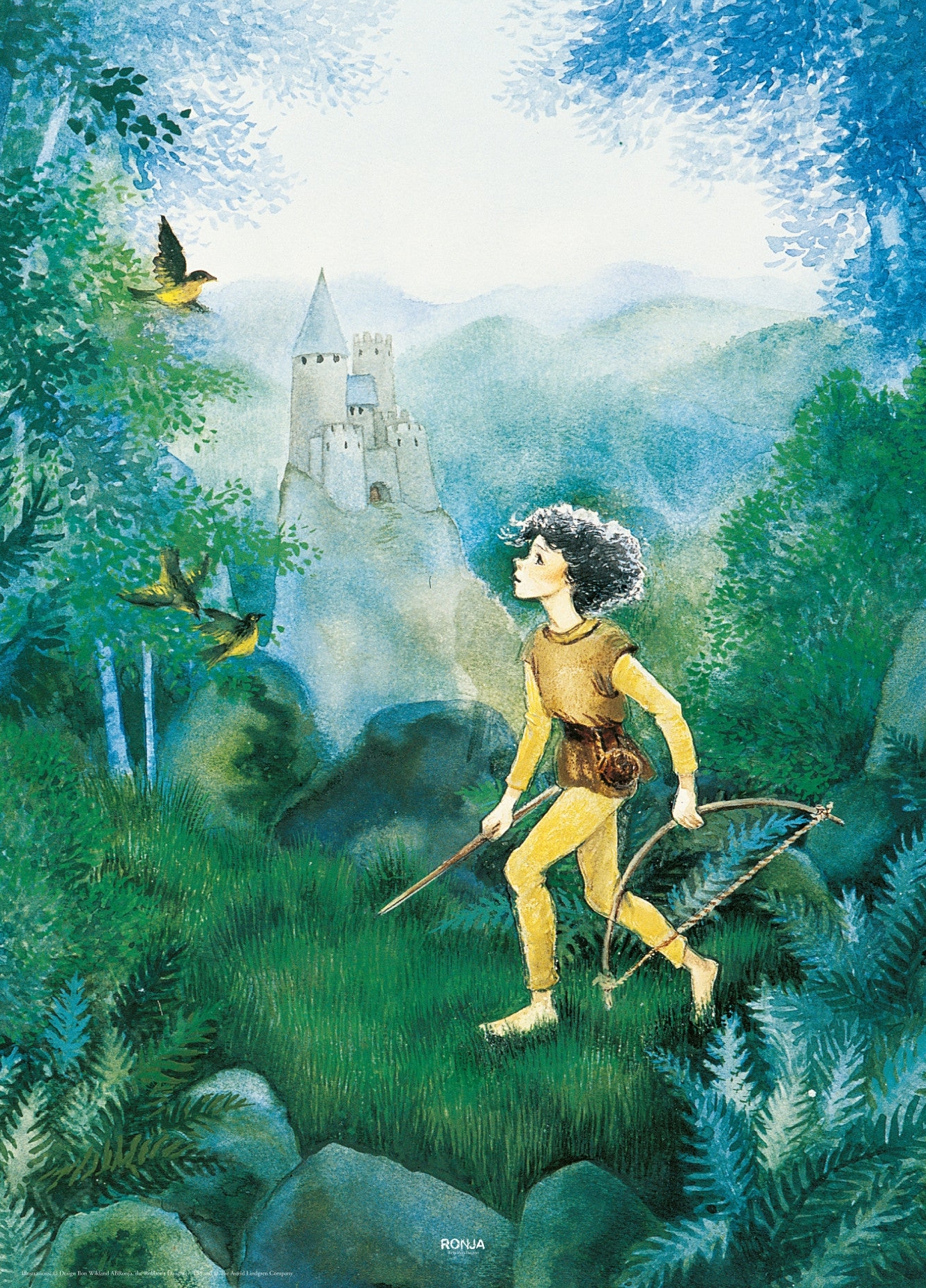 Plakat af Ronja Røverdatter foran slottet fra Astrid Lindgrens Ronja Røverdatter. Illustration af Ilon Wikland