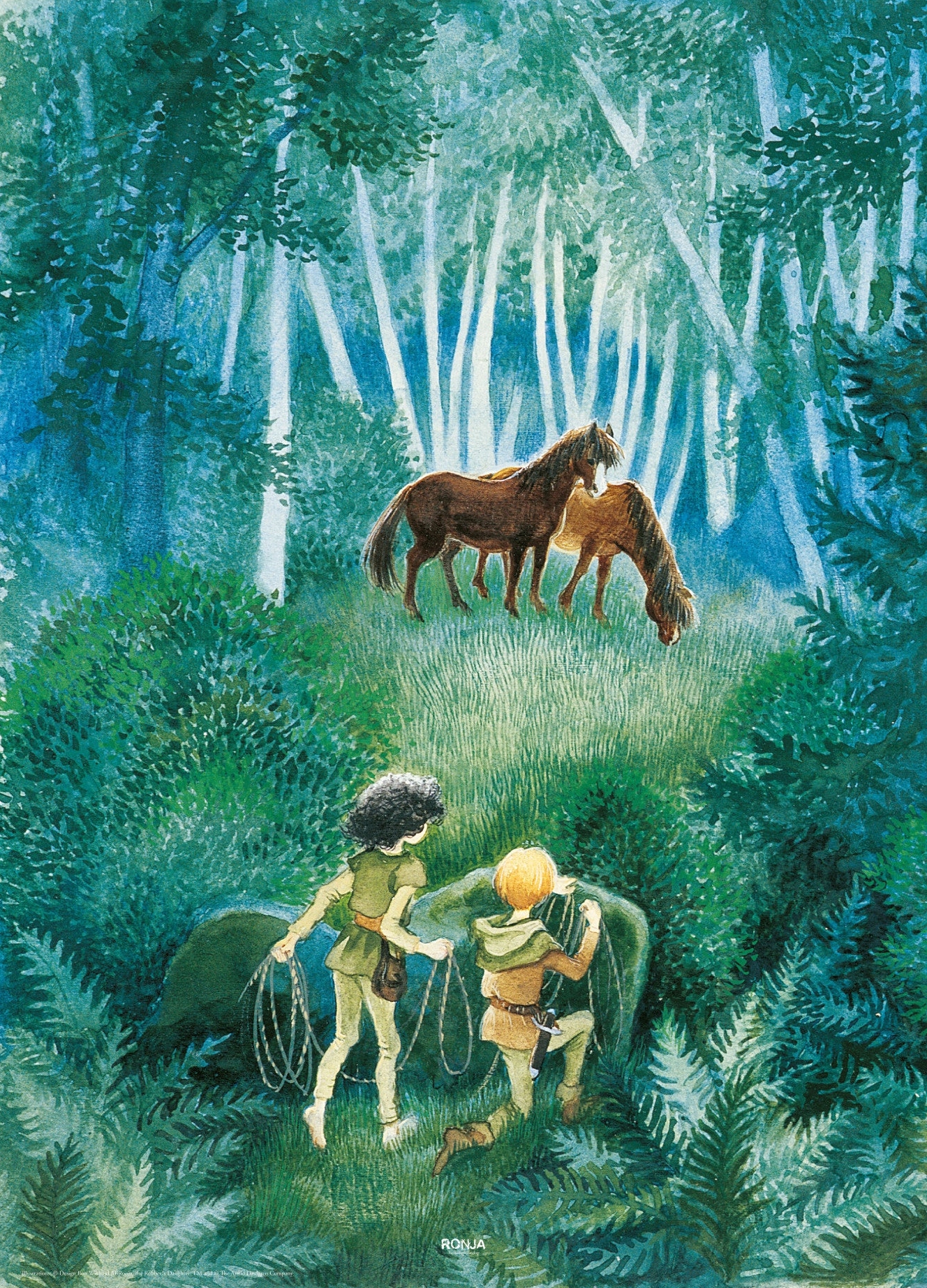 Ronja Røverdatter og Birk kigger på heste i skoven. Astrid Lindgren plakat af Ronja Røverdatter illustreret af Ilon Wikland.