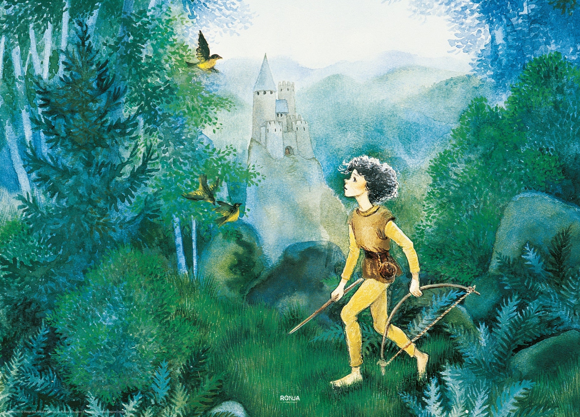 Astrid Lindgren plakat med Ronja Røverdatter i skoven. Plakaten er i landskabsformat.