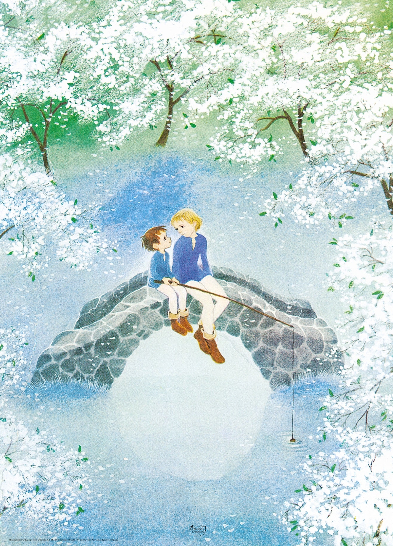 Astrid Lindgren Plakat med Ilon Wiklands illustration af Brødrene Løvehjerte, hvor 2 drenge sidder og fisker ved en sø i kirsebærdalen