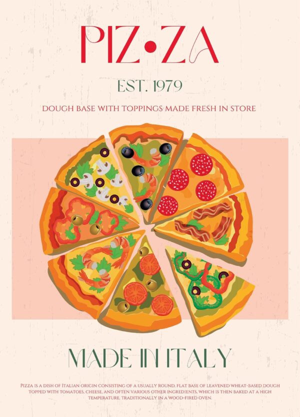 Pizza plakat med en pizza i midten på en lyserød og beige baggrund. Pizzaen er i stærke farver, der står frem på den mere sarte, pastelagtige baggrund.
