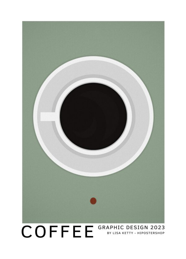 Grafisk kaffe plakat med en kop kaffe med underkop set oppefra på en grøn baggrund.