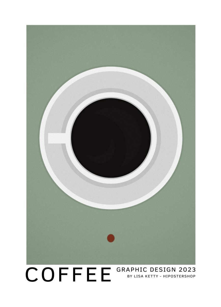 Grafisk kaffe plakat med en kop kaffe med underkop set oppefra på en grøn baggrund.