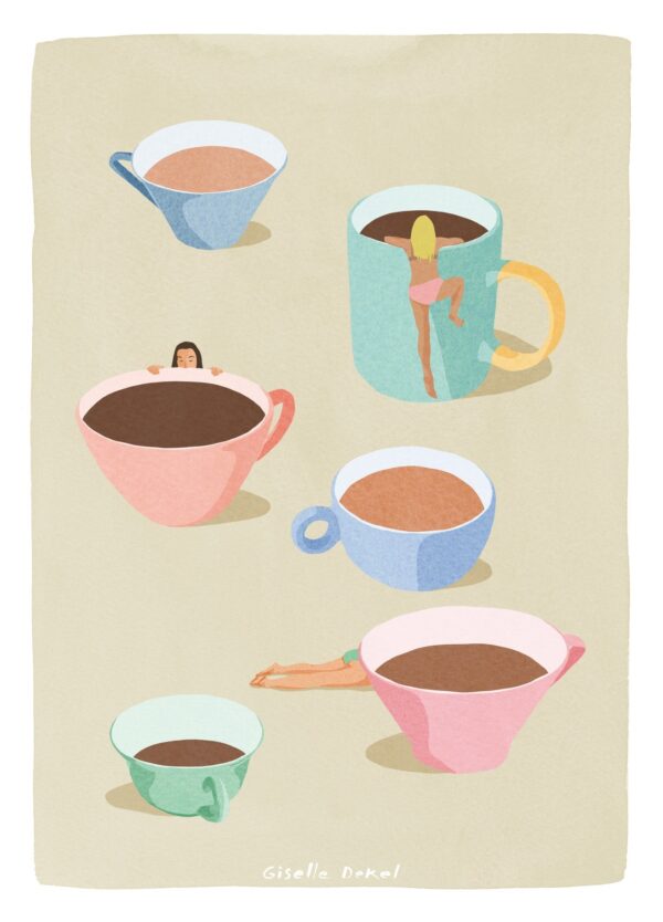 Kaffe plakat med lyserøde, blå og grønne kaffekopper og såkaldte Coffee Ladies, der gemmer sig imellem kopperne